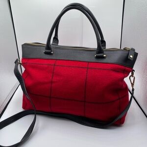 603 Talbots Ventana Red wool w/black leather trim Satchel w cross body strap
